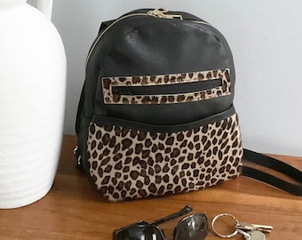 Handmade in Canada small black leather and leopard print cowhide backpack for everyday