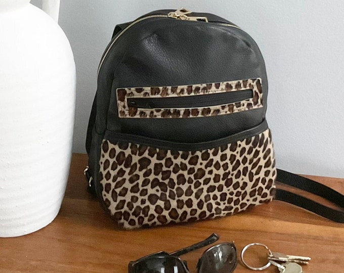 Handmade in Canada small black leather and leopard print cowhide backpack for everyday