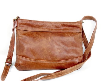 Small rustic brown natural leather crossbody bag for women