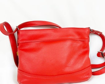 Small bright red pebbled crossbody bag for women
