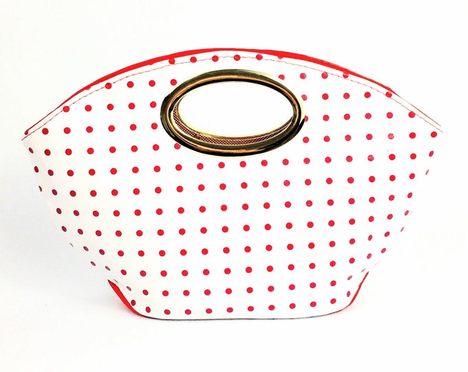 Retro Style, 50 Style, Clutch and Cross body with Red Leather and White Leather with red polka dots, clutch handle and  cross body strap