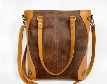 Medium tan and dark brown western leather tote