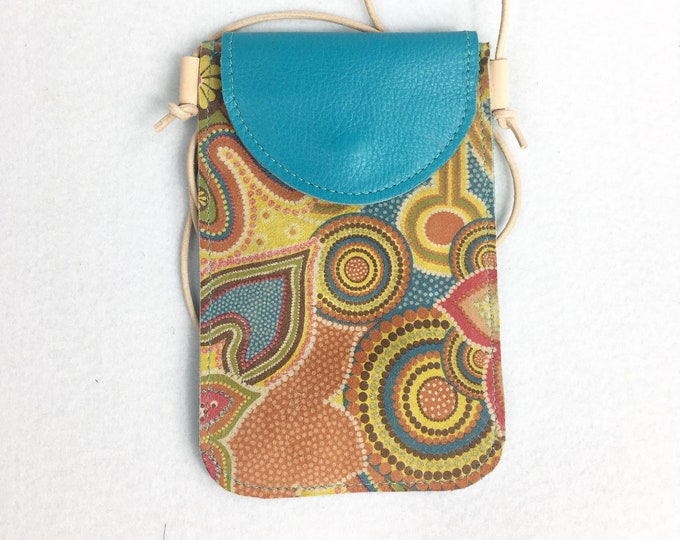 Multi coloured, flower, suede, turquoise pebbled leather, cell phone, cross body bag, genuine leather bag