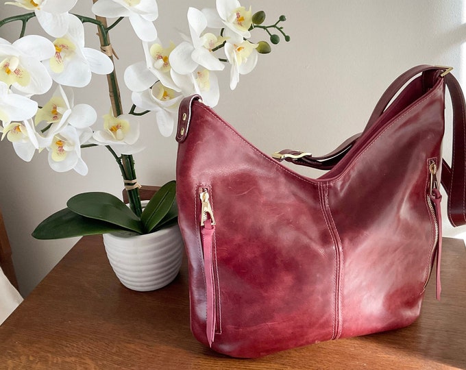 Handmade in Canada, burgundy, deep red, pull up leather and crazy horse fuchsia leather, shoulder and crossbody hobo bag.