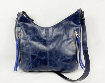 Medium navy pull up leather and purple/blue hobo shoulder bag and crossbody bag