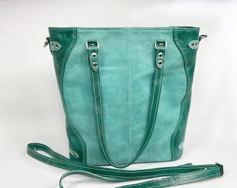 Medium teal and aqua or turquoise full grain leather handmade tote bag for women