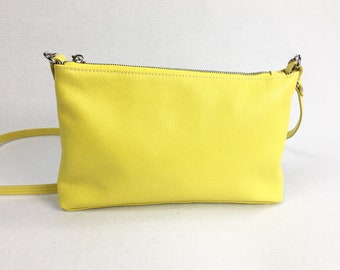 Yellow leather cross body bag, small bag, minimalist crossbody bag, genuine leather, with lining.