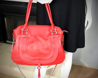 Large Red Leather, Designer Style, Satchel, Shoulder Bag for Women