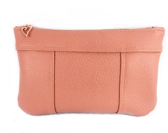 Coral or salmon coloured leather clutch for summer for day and evening