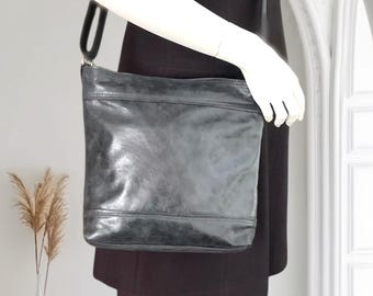 Black Italian Leather, Rustic Italian Leather Crossbody Bag, handmade in Canada