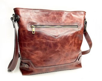 Red Brown Pull-up Leather Small Tote or Extra Large Crossbody Bag.