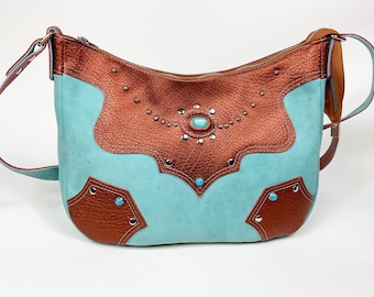 Handmade in Canada Large western style shoulder and crossbody bag with copper and turquoise full grain leather