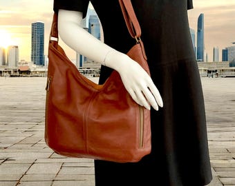 Large Chocolate Brown Leather and Soft Tan Leather Hobo Bag with Water Proof Lining Handmade in Canada.