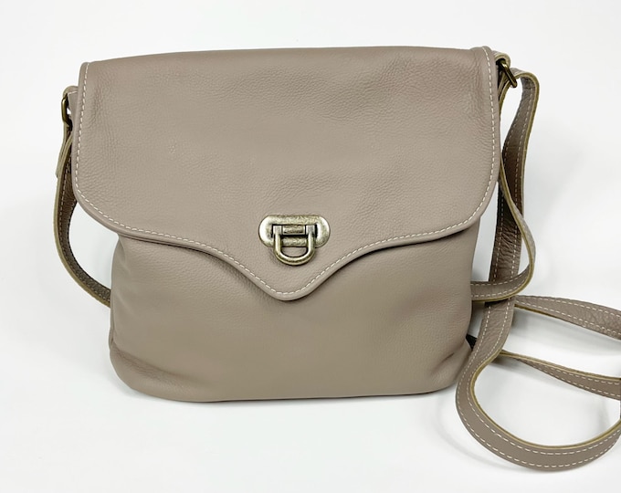 Handmade in Canada taupe or beige Italian leather cross body bag with adjustable strap.