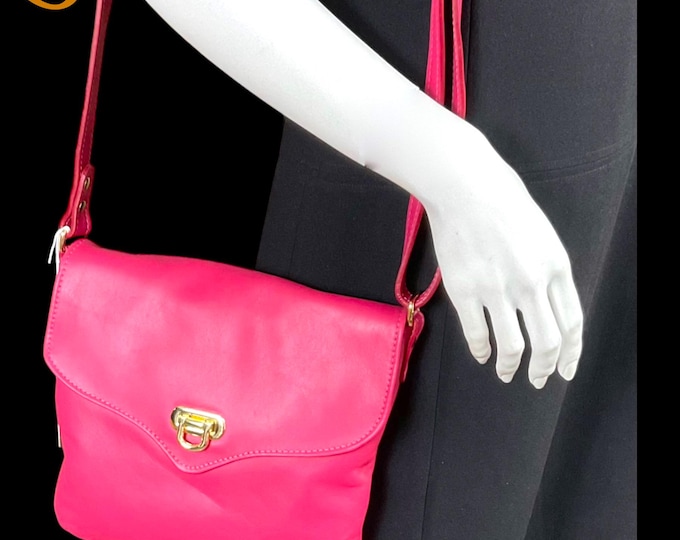 Bright Pink or Fuchsia Italian Leather Cross Body Bag Made in Canada.