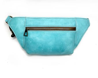 Small Aqua Leather and Chocolate Brown Leather Fanny Pack, Hip Bag, or Festival Bag handmade in Canada