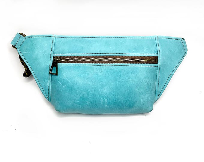 Small Aqua Leather and Chocolate Brown Leather Fanny Pack, Hip Bag, or Festival Bag handmade in Canada