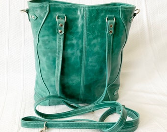 Handmade in Canada western style, medium size teal pull up leather tote with shoulder straps and detachable crossbody strap tote for women.