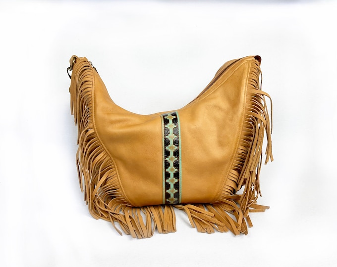 Handmade, full grain leather, natural colour, glove tanned leather, fringe bag, western, gift for her