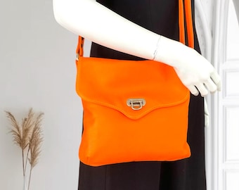 Orange Leather Crossbody Bag with Adjustable Strap, Handmade in Canada.