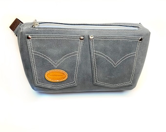Large blue, grey-blue Fanny Pack or Festival Bag with white and silver coloured accents, handmade in Canada