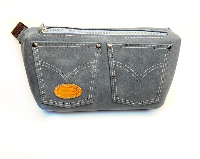 Large blue, grey-blue Fanny Pack or Festival Bag with white and silver coloured accents, handmade in Canada