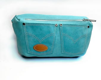 Large Leather Aqua Fanny Pack, Hip Bag, or Festival Bag handmade in Canada