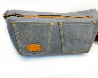 Large blue, grey-blue Fanny Pack, Hip bag, or Festival Bag with golden brown coloured accents, handmade in Canada