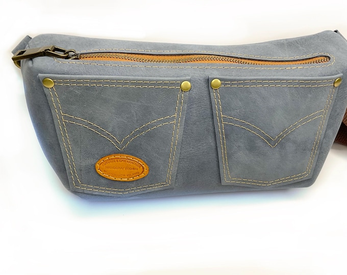 Large blue, grey-blue Fanny Pack, Hip bag, or Festival Bag with golden brown coloured accents, handmade in Canada