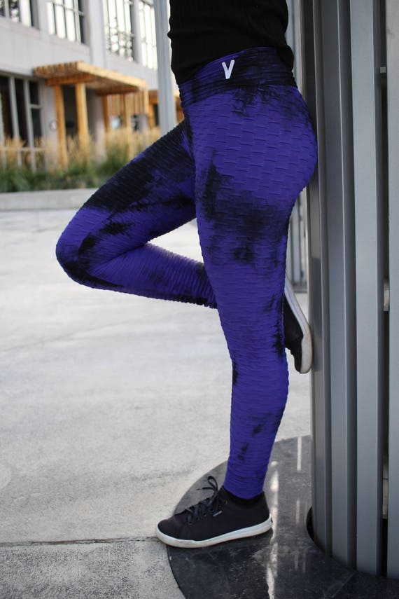 Purple Tie Dye Textured Leggings High Waisted Yoga Pants 