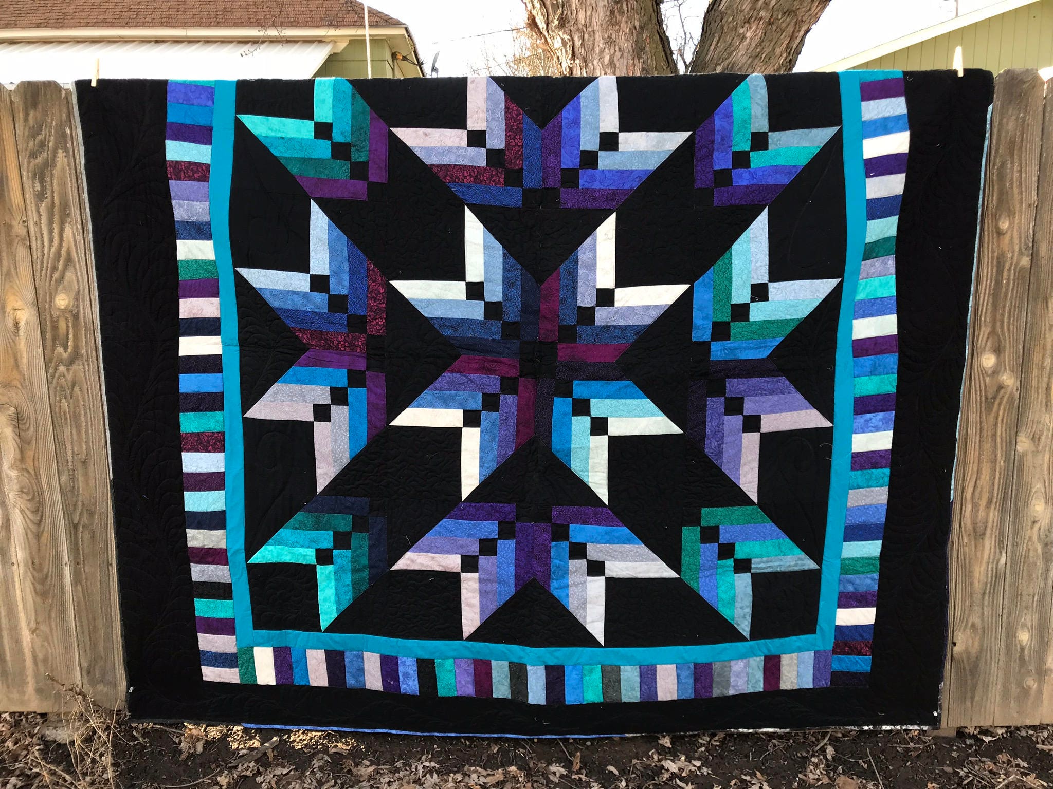 Queen Size Quilt- Binding Tool Star in Jewel Tones- Arrow Quilt- Modern  Quilt- Blue and Teal