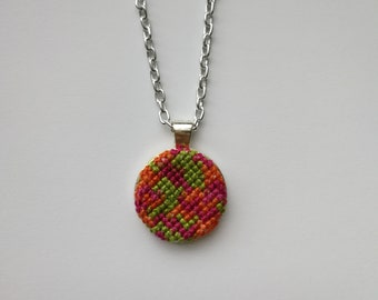 PRICE REDUCED, Cross stitch necklace, handmade jewellery, wearable embroidery