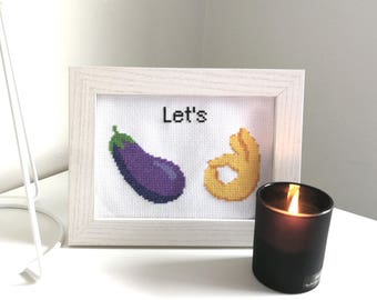 Let's Eggplant cross stitch pattern, instant download PDF file, funny valentine's gift