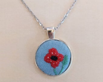 Floral embroidery necklace, handmade jewellery, flower jewelry, textile art necklace, fibre art, embroidered red flower, unique gift