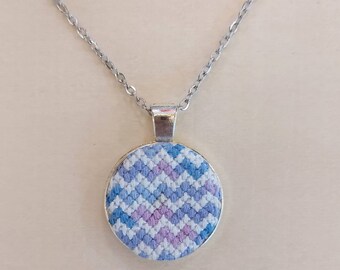 Fibre art textile necklace pendant, handmade jewellery with cross stitch chevron design, modern minimalist jewelry for her