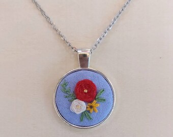 Textile art necklace, fibre art jewellery, floral embroidery, flower pendant, hand embroidered art, unique gift idea, for her
