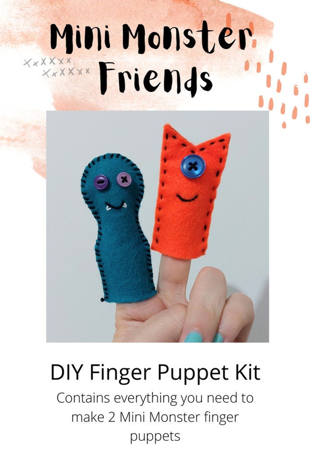 SALE Finger Puppet Kit, Mini Monster, Finger Puppets, Craft Kit, Kids Craft Kit, Halloween