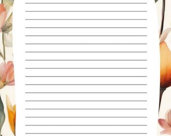 May include: A lined notepad with a white border, surrounded by a floral design. The flowers are in shades of yellow, orange, pink, and white, with green leaves. The notepad has a blank space for writing.