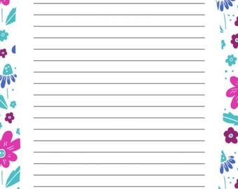 May include: A lined stationery paper with a floral border. The border features pink, blue, and teal flowers and leaves on a white background. The lined paper is white with black horizontal lines.