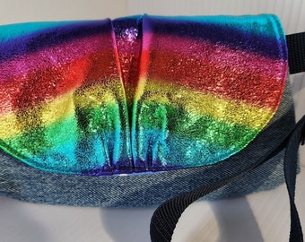 Rainbow and Peace sign denim wristlet with detachable strap