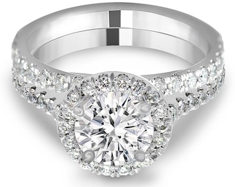 1.75 ctw Round Diamond Halo Engagement Ring LR8208 & 0.26 ctw Diamond Matching Band LR8214.