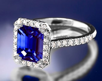2.85 ctw Emerald Cut Genuine Blue Sapphire & Diamond Halo Engagement Ring. LR8461-Sap