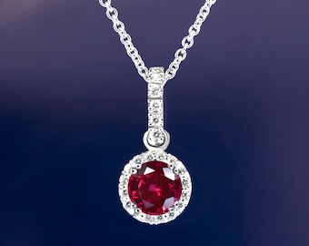 1.30 ctw Round Cut Genuine Ruby & Diamond Halo Pendant. PN705-RUB