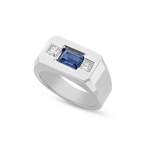 1.33 ct Emerald Cut Blue Sapphire & 0.46 ctw Princess Cut Diamond Ring. SO-MR3841