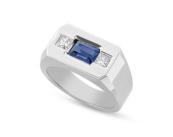 1.33 ct Emerald Cut Blue Sapphire & 0.46 ctw Princess Cut Diamond Ring. SO-MR3841