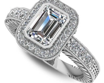 1.80 ctw Emerald Cut Diamond Bezel Set Halo Engagement Ring. LR7010