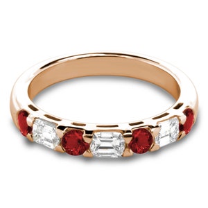 1.11 ctw Emerald Cut Diamond & Round Ruby Wedding Ring in Rose Gold. LR9117-Rub