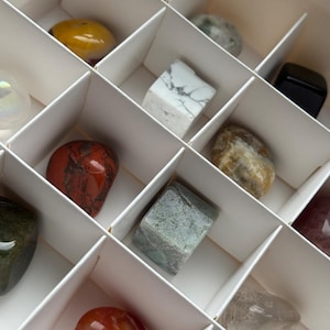 May include: A collection of polished gemstones in a white compartmentalized box. The stones vary in color, including red, yellow, green, and white with black veining. Some stones are smooth and rounded, while others are more angular.