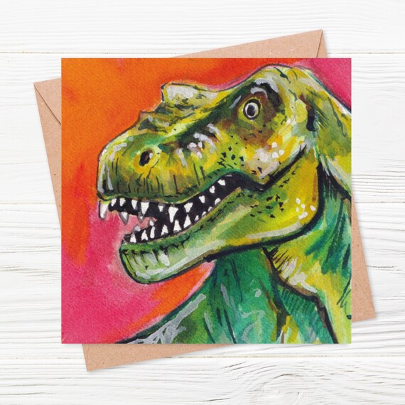 T-Rex Watercolour Card - digitally printed blank greetings card - detail of an original watercolour (dinosaur, Tyrannosaurus rex, extinct)