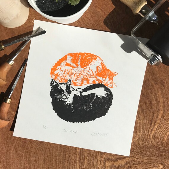 Sleeping Cats lino print - 'Cat Nap' - Original, handprinted, unframed, unmounted, Limited edition linocut cat/feline/kitten/animal/ginger